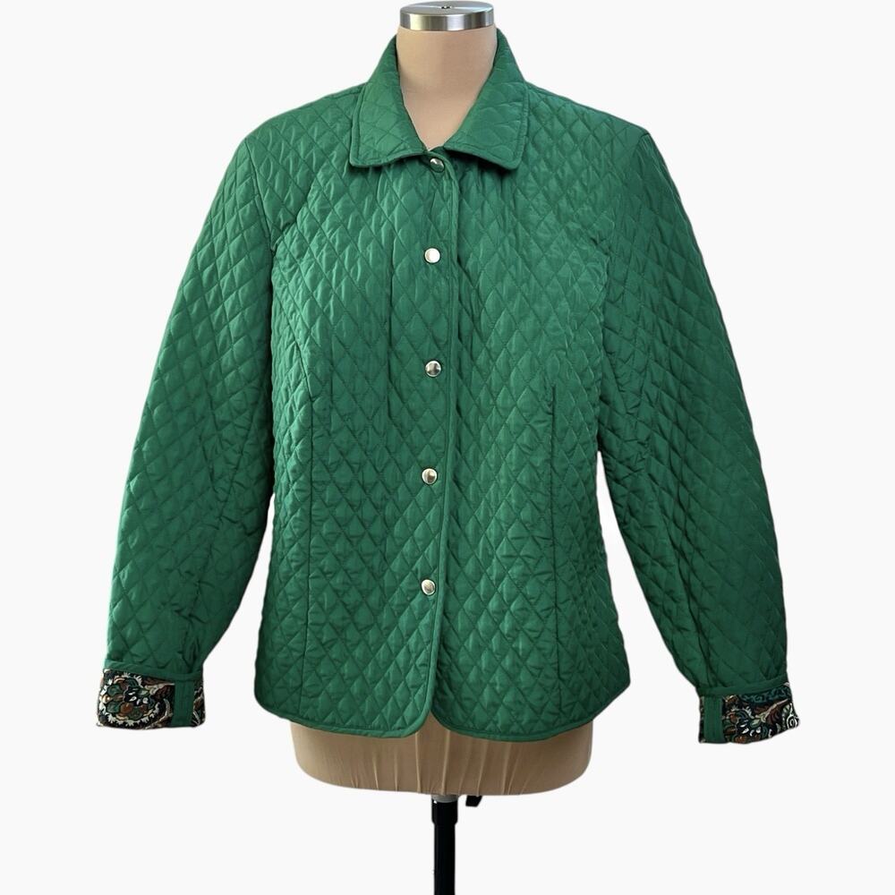 Briggs New York Quilted Jacket Women 18 Green Snap Up Paisley Lining Cottagecore